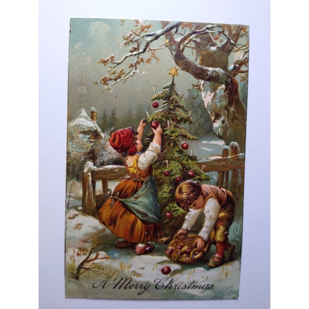 Antique Christmas Postcard Children Decorating Tree Snowy German Embossed